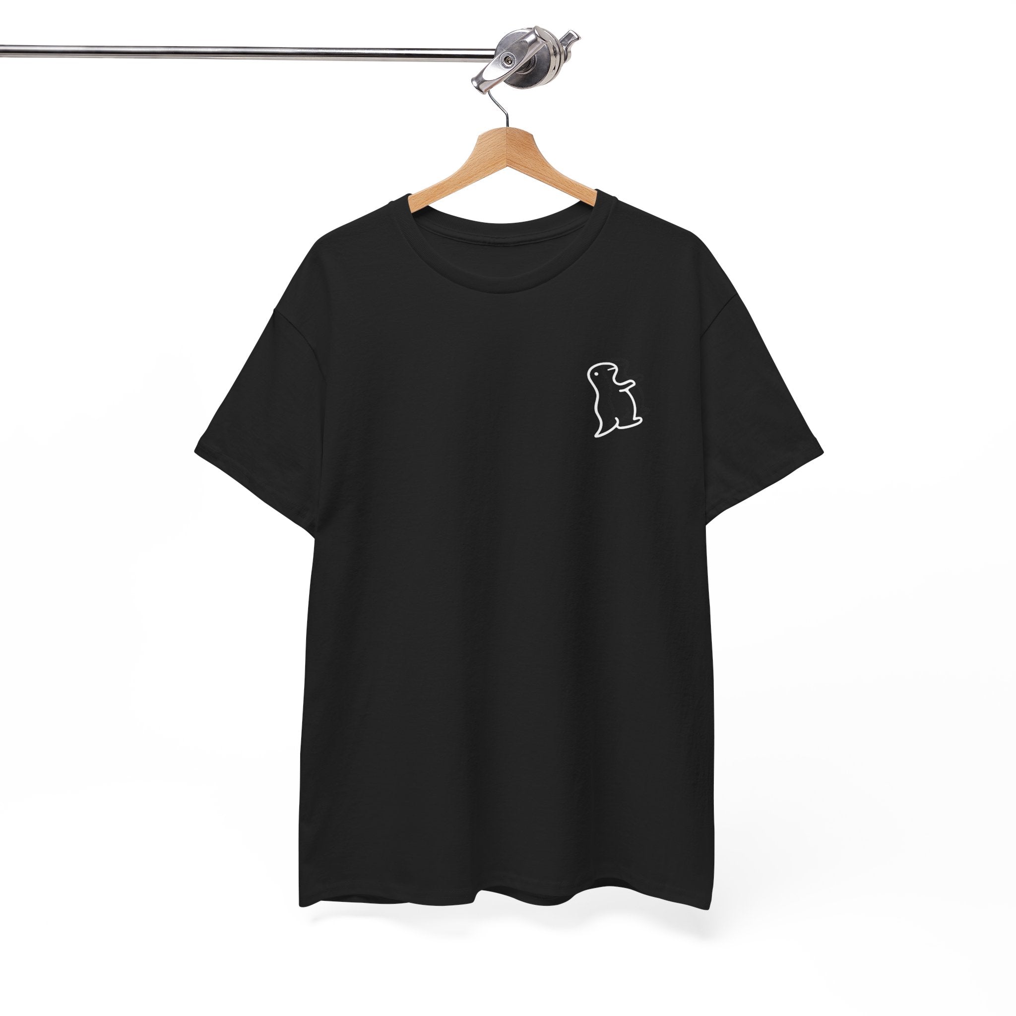 Black T-shirt with white bear outline design, hanging on wooden hanger