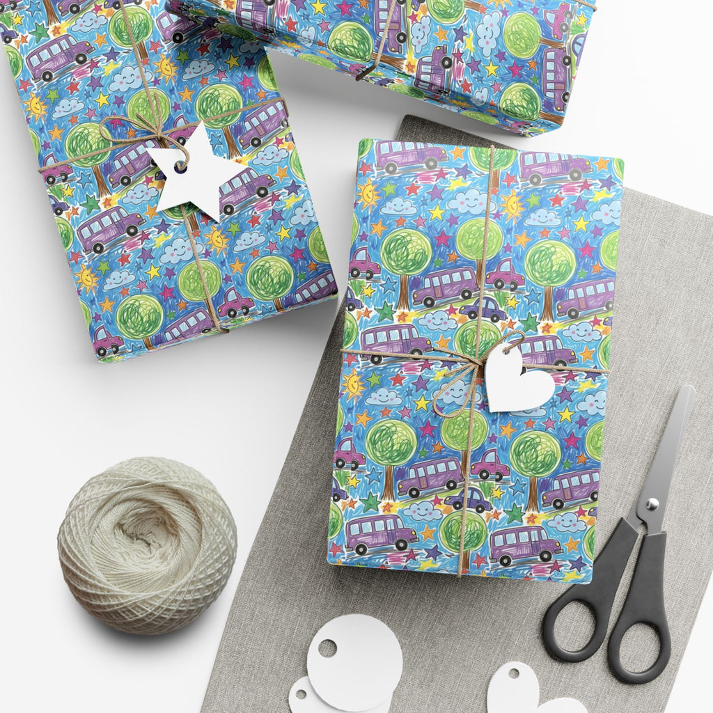 Colorful gift wrap with purple buses, trees, stars, and clouds, tied with twine and tags