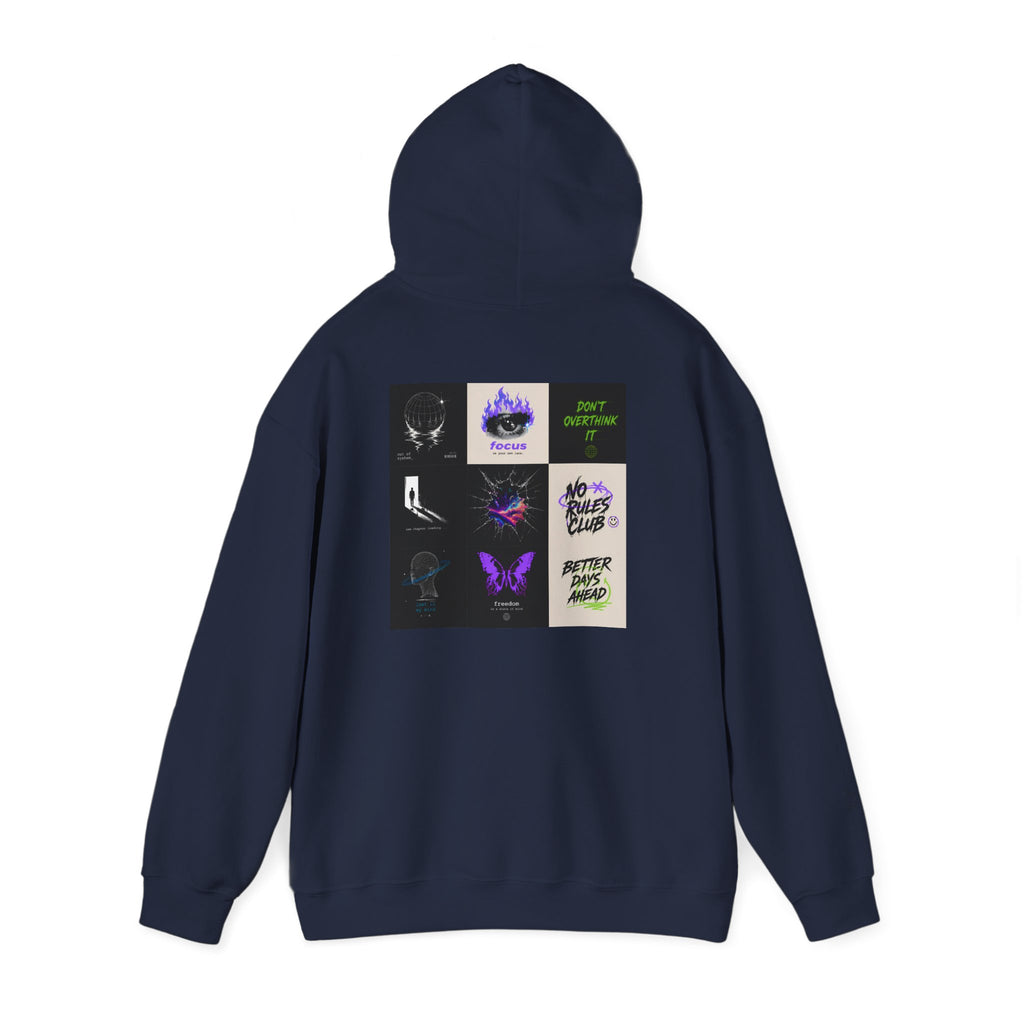 Navy hoodie with colorful graphic grid featuring phrases like 'focus' and 'no rules club'