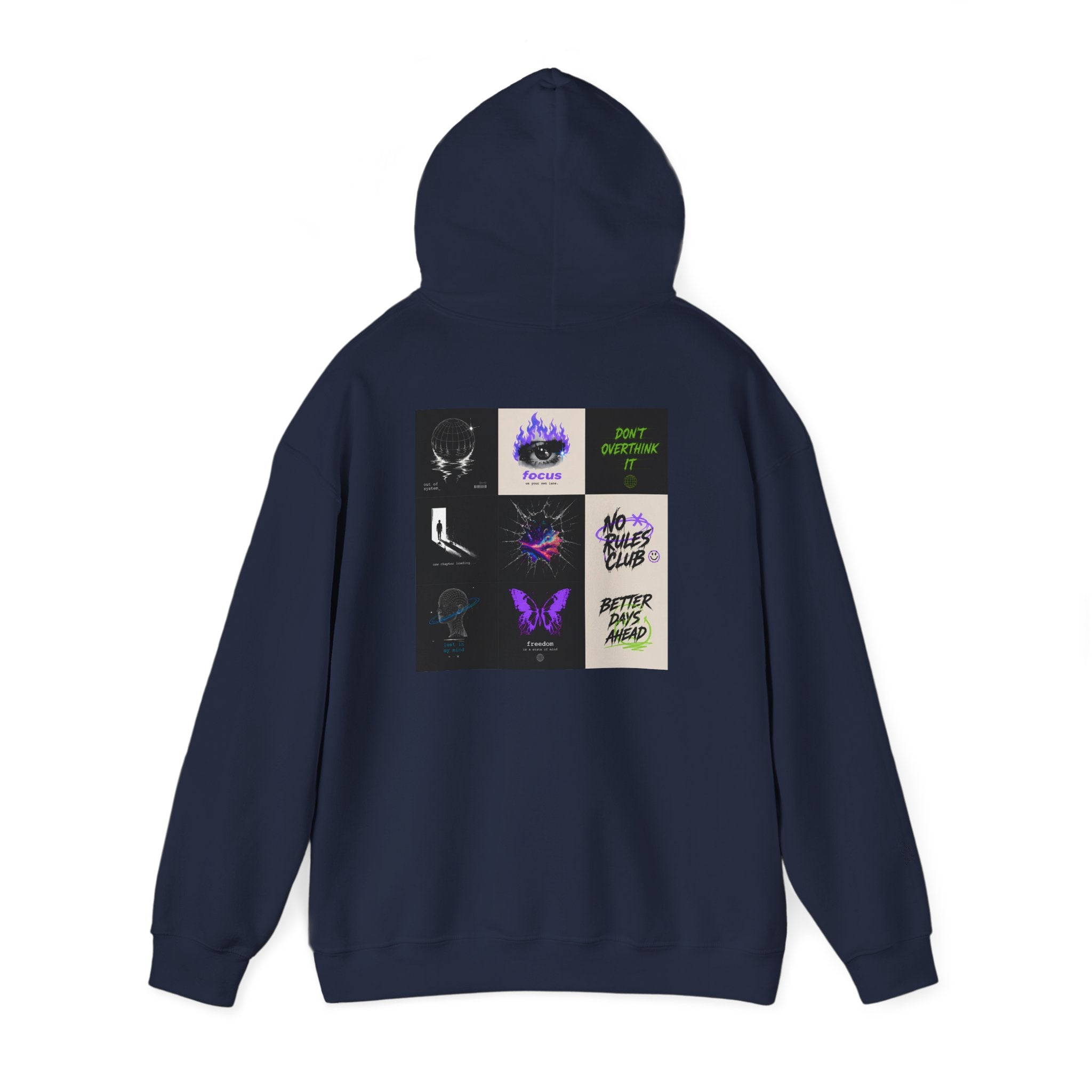 Navy hoodie with colorful graphic grid featuring phrases like 'focus' and 'no rules club'