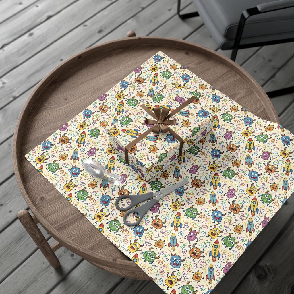 Cute Monster and Rocket Pattern Gift Wrap Paper | Kids Birthday Wrapping Paper