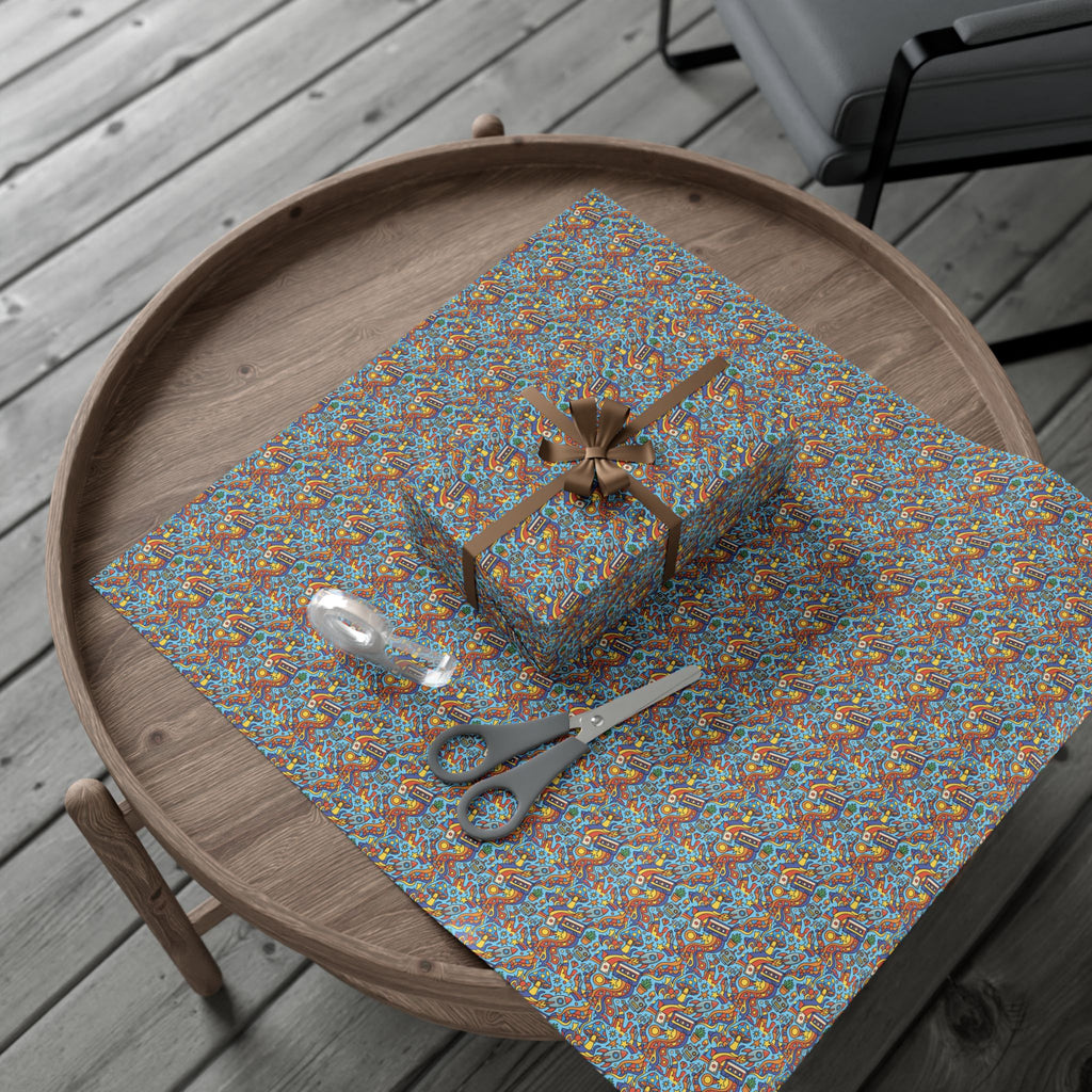 Abstract Vintage Cartoon Space Pattern Gift Wrap Papers | Blue Orange Floral Wrapping Paper