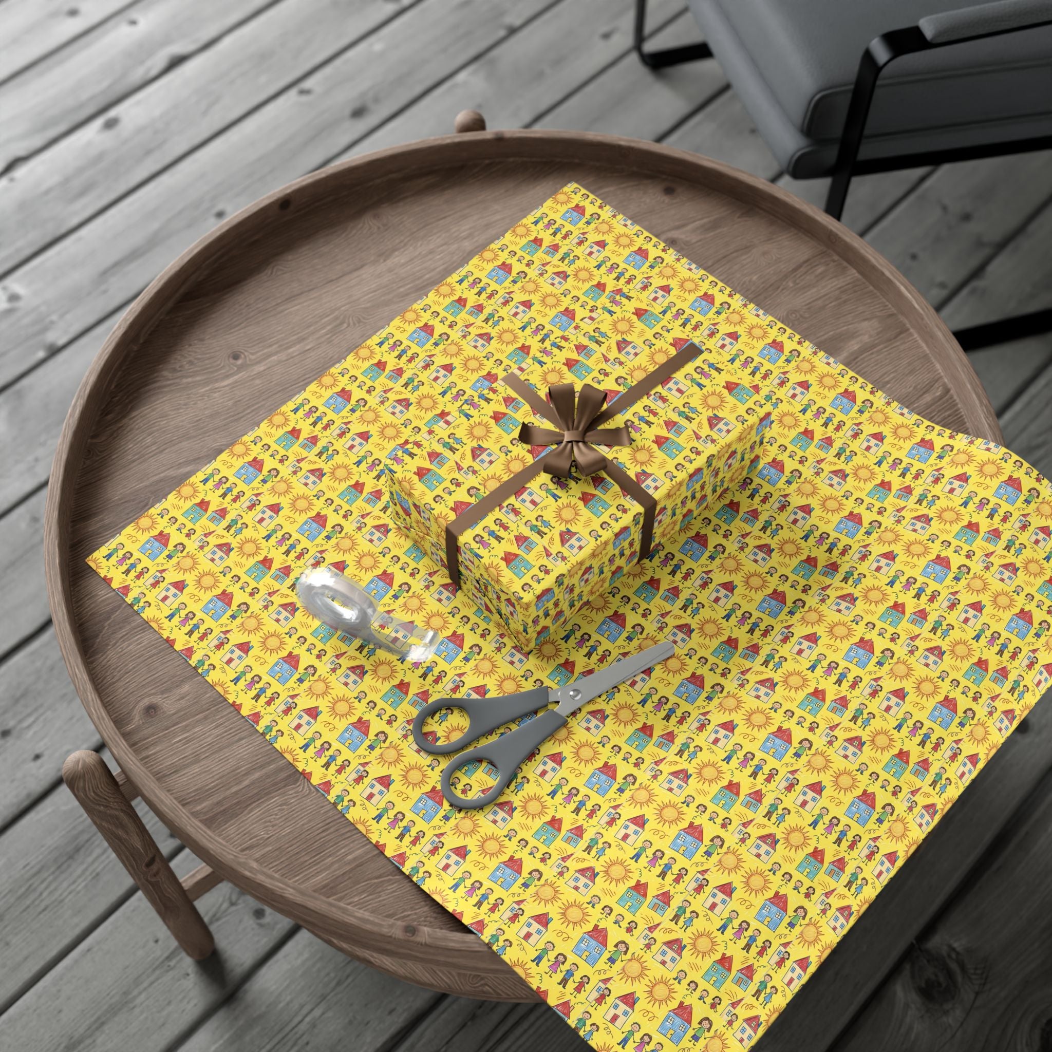 Sunflower Kids Art pattern Gift Wrap | Yellow House and People Wrapping Paper