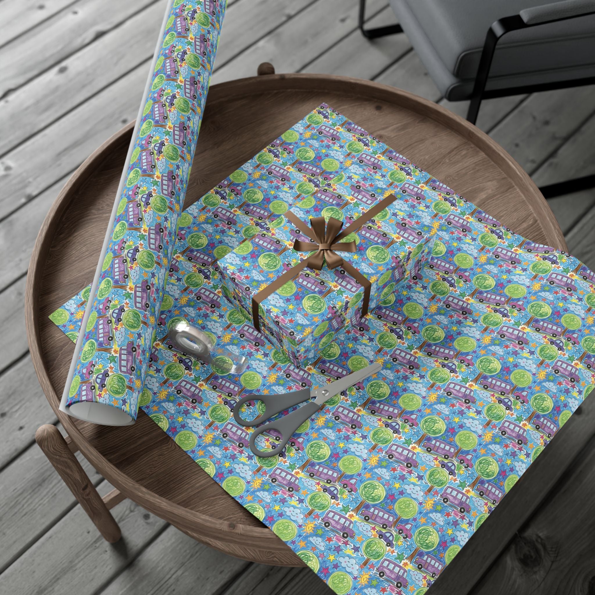 Whimsical Bus and Trees Pattern Gift Wrap Papers | Repeating Kids Wrapping Paper