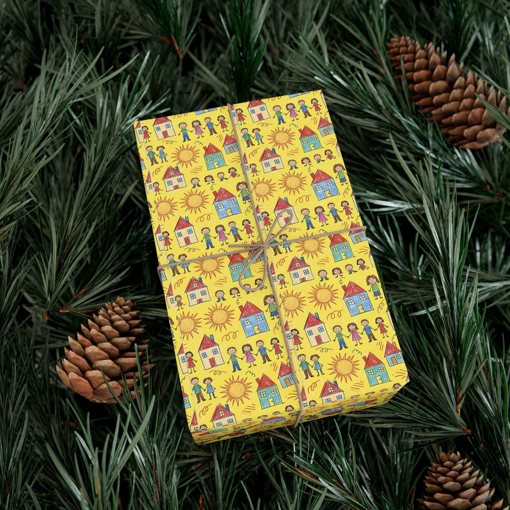 Sunflower Kids Art pattern Gift Wrap | Yellow House and People Wrapping Paper
