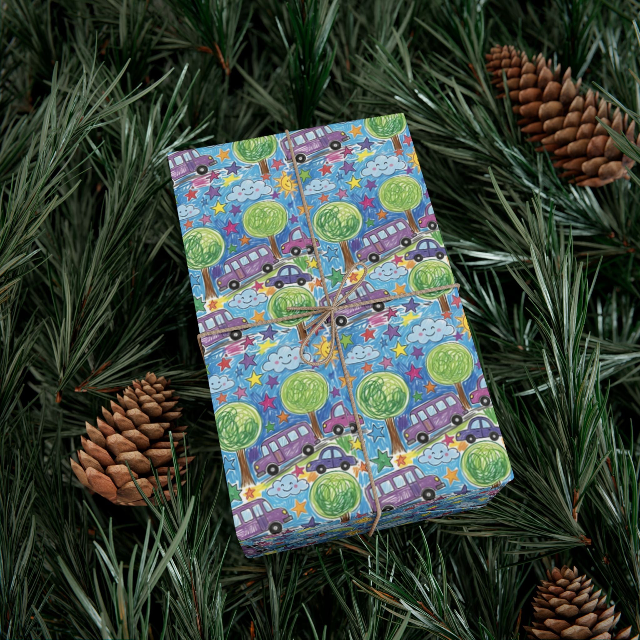 Whimsical Bus and Trees Pattern Gift Wrap Papers | Repeating Kids Wrapping Paper