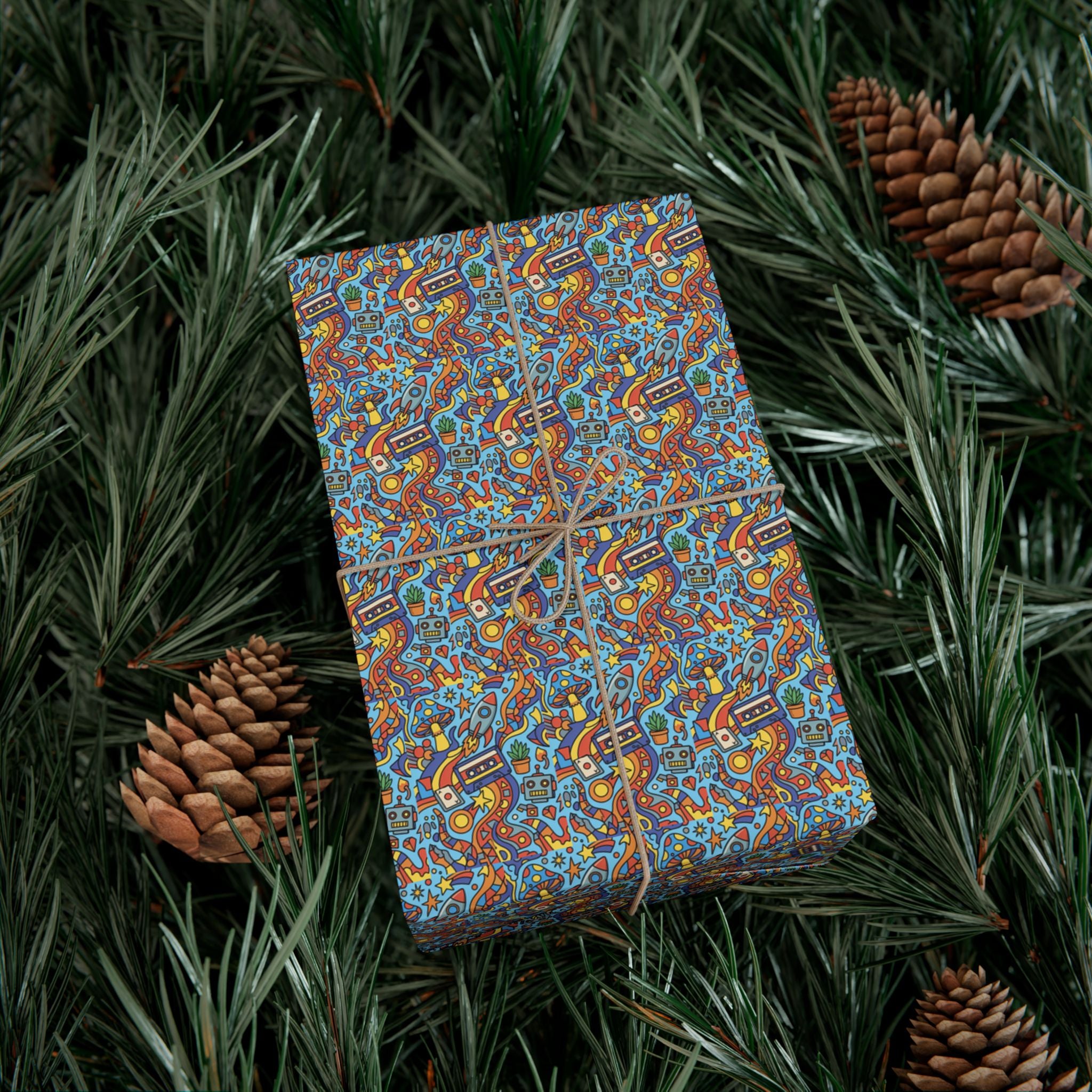 Abstract Vintage Cartoon Space Pattern Gift Wrap Papers | Blue Orange Floral Wrapping Paper
