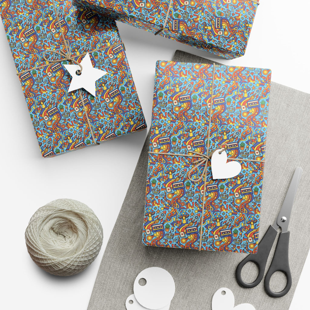 Abstract Vintage Cartoon Space Pattern Gift Wrap Papers | Blue Orange Floral Wrapping Paper