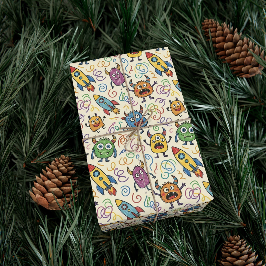 Cute Monster and Rocket Pattern Gift Wrap Paper | Kids Birthday Wrapping Paper