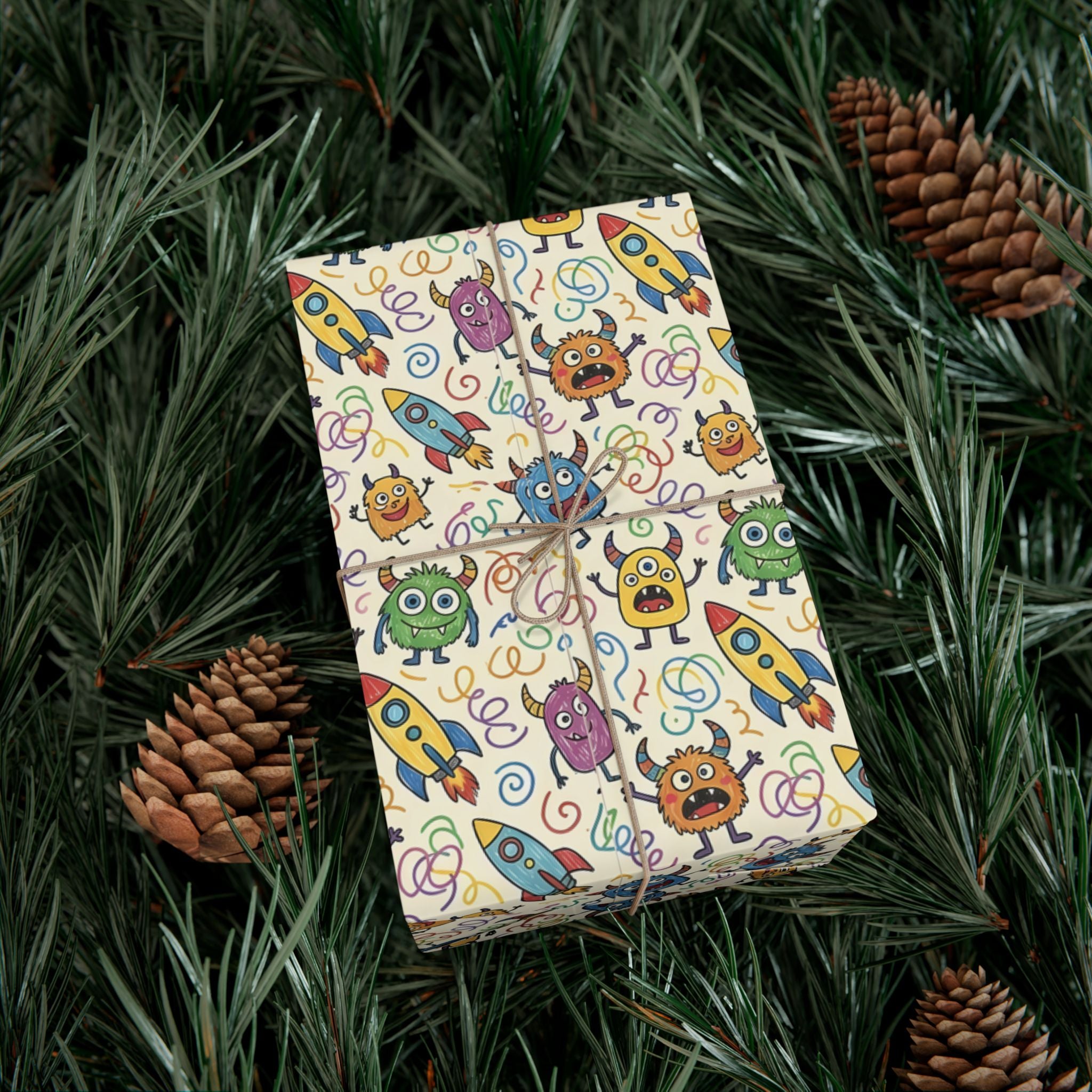 Cute Monster and Rocket Pattern Gift Wrap Paper | Kids Birthday Wrapping Paper