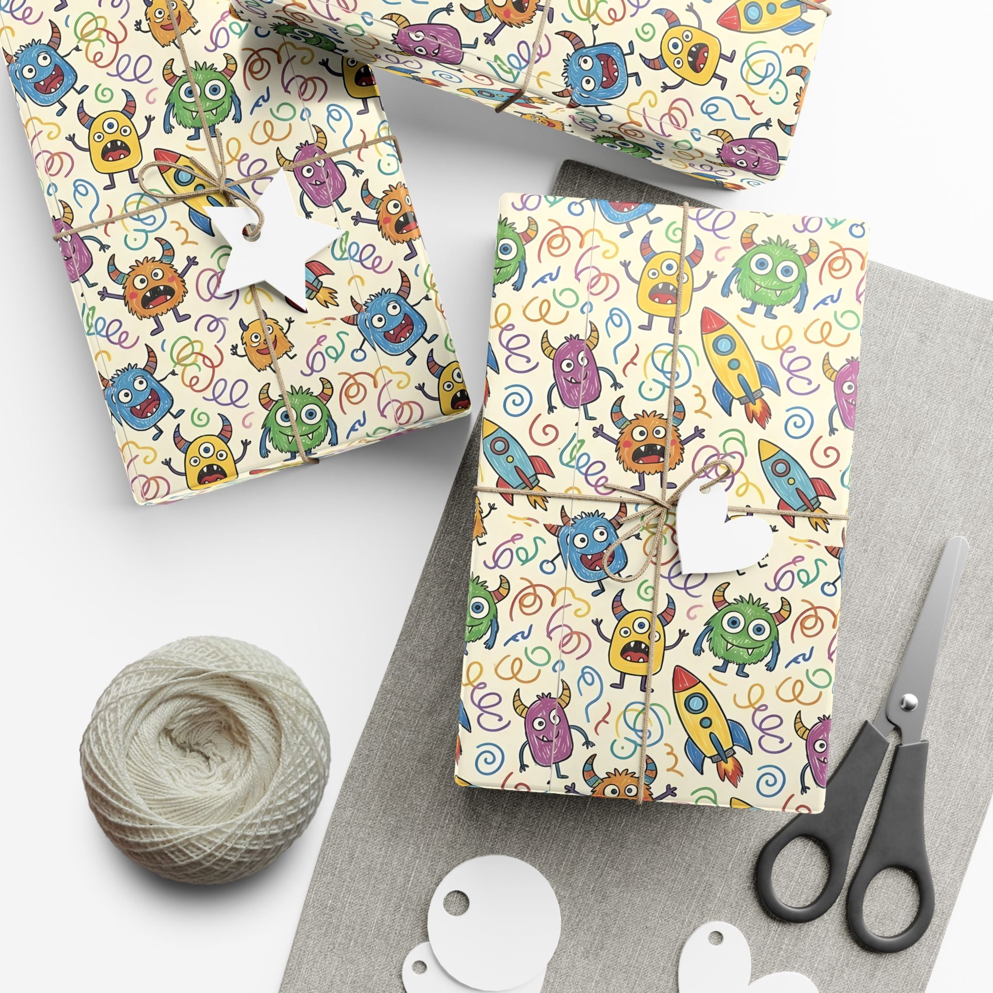 Cute Monster and Rocket Pattern Gift Wrap Paper | Kids Birthday Wrapping Paper