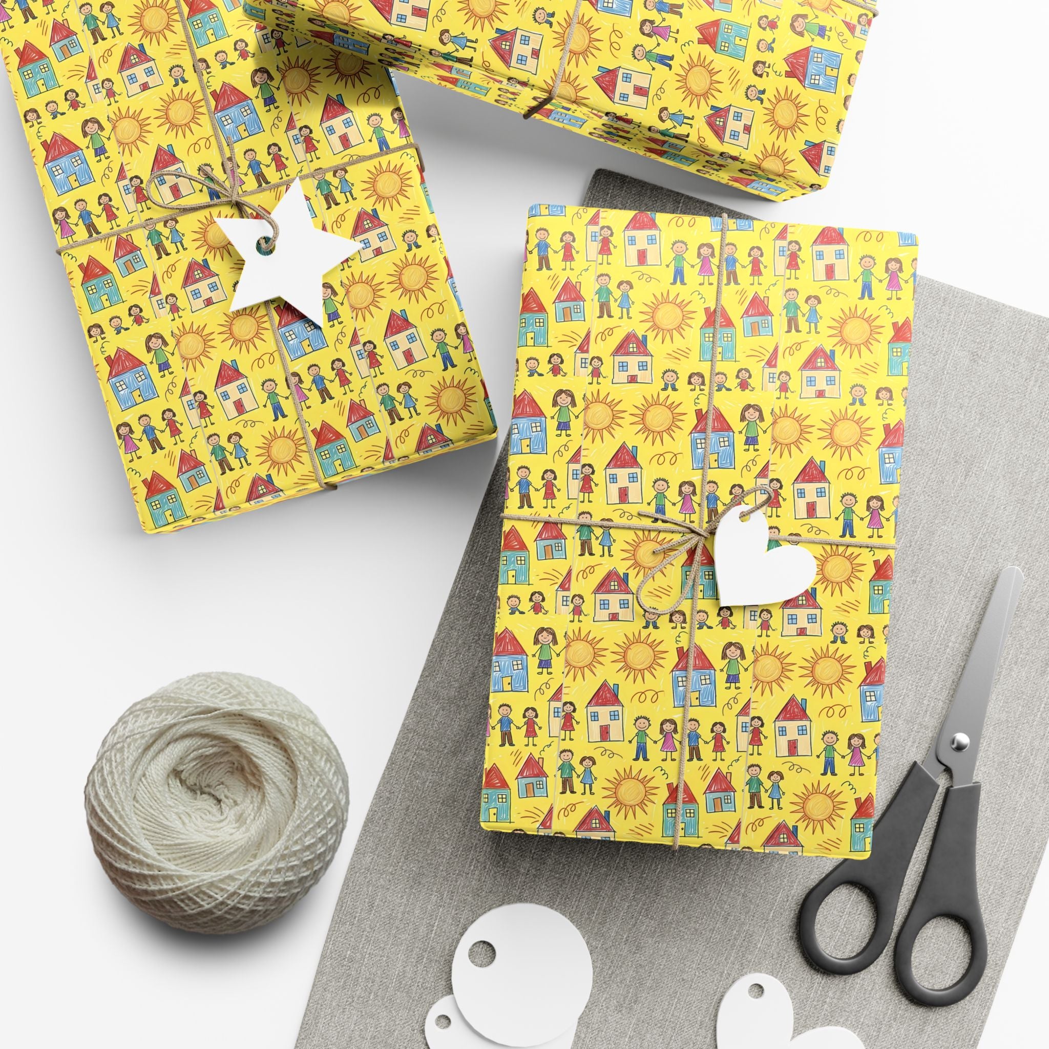Sunflower Kids Art pattern Gift Wrap | Yellow House and People Wrapping Paper