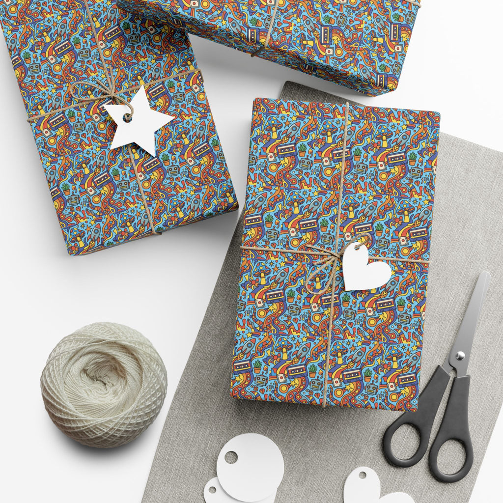 Abstract Vintage Cartoon Space Pattern Gift Wrap Papers | Blue Orange Floral Wrapping Paper