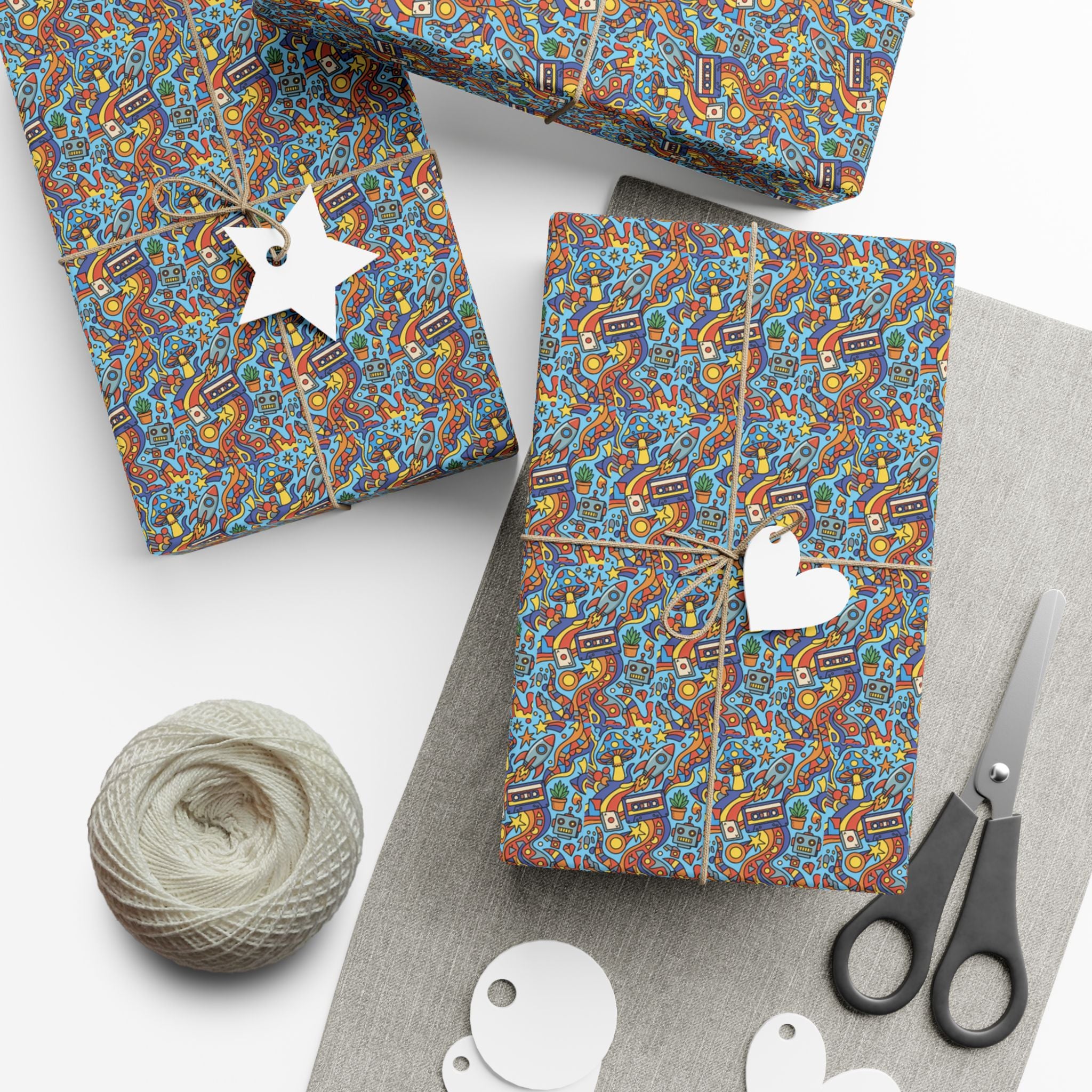 Abstract Vintage Cartoon Space Pattern Gift Wrap Papers | Blue Orange Floral Wrapping Paper