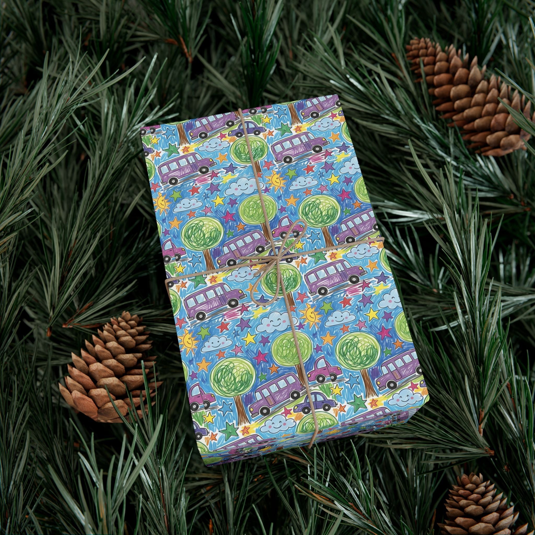 Whimsical Bus and Trees Pattern Gift Wrap Papers | Repeating Kids Wrapping Paper