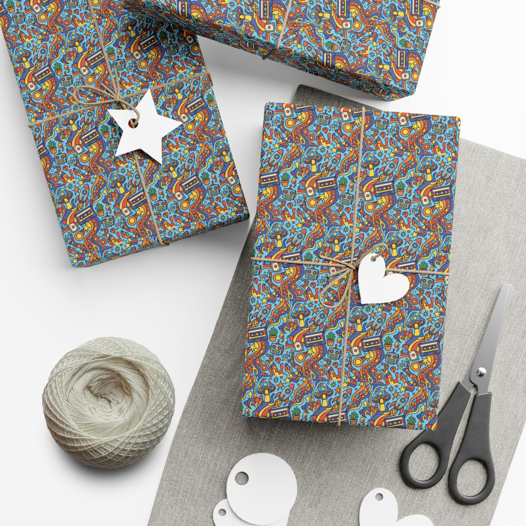 Abstract Vintage Cartoon Space Pattern Gift Wrap Papers | Blue Orange Floral Wrapping Paper