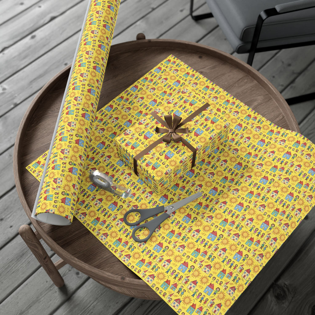 Sunflower Kids Art pattern Gift Wrap | Yellow House and People Wrapping Paper