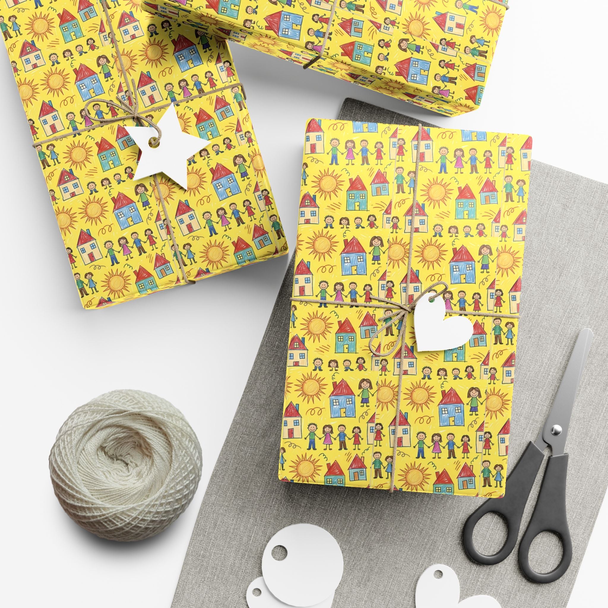 Sunflower Kids Art pattern Gift Wrap | Yellow House and People Wrapping Paper