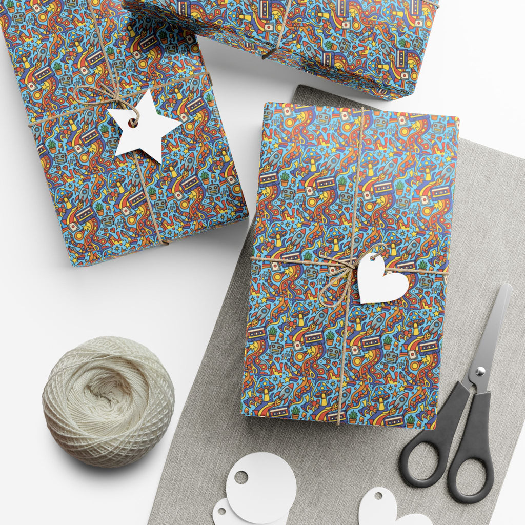 Abstract Vintage Cartoon Space Pattern Gift Wrap Papers | Blue Orange Floral Wrapping Paper