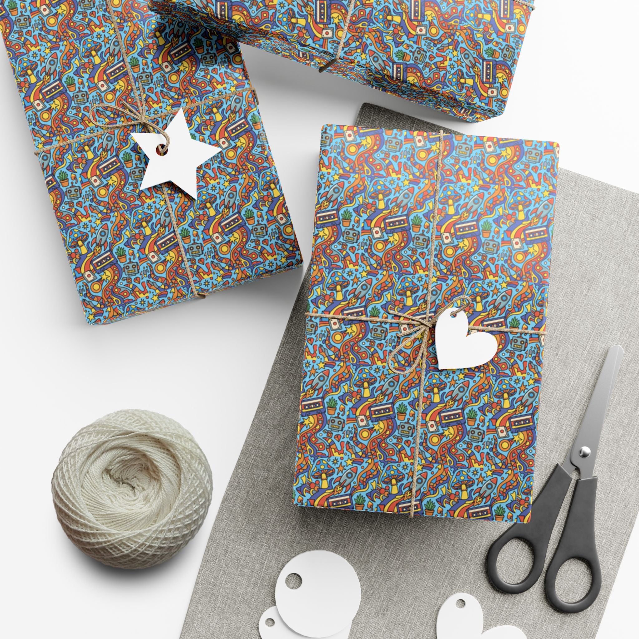 Abstract Vintage Cartoon Space Pattern Gift Wrap Papers | Blue Orange Floral Wrapping Paper