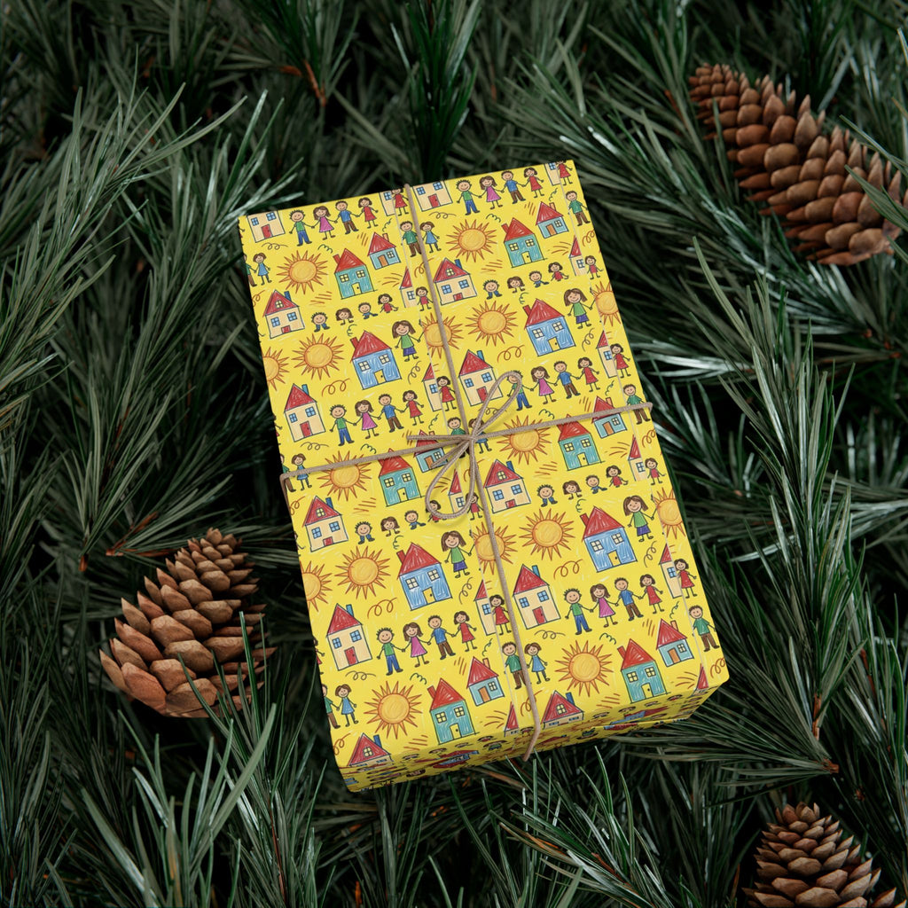 Sunflower Kids Art pattern Gift Wrap | Yellow House and People Wrapping Paper