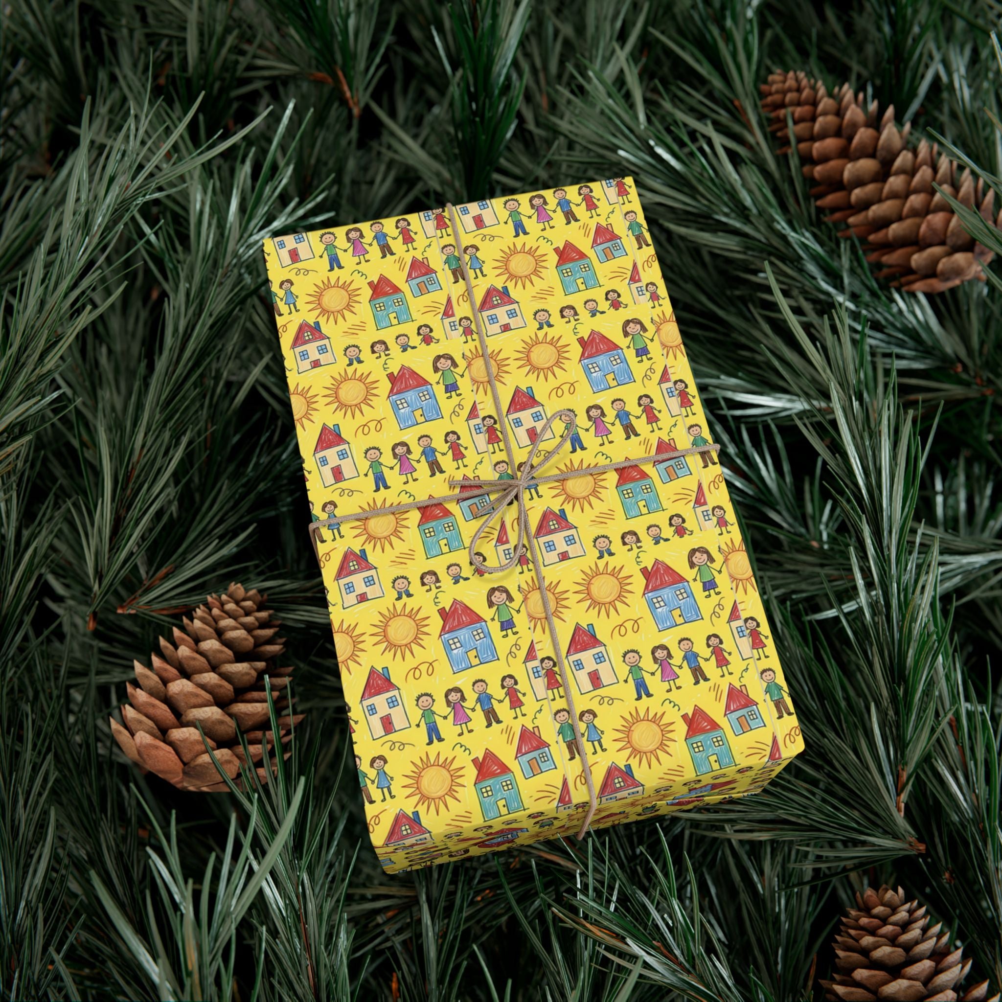 Sunflower Kids Art pattern Gift Wrap | Yellow House and People Wrapping Paper