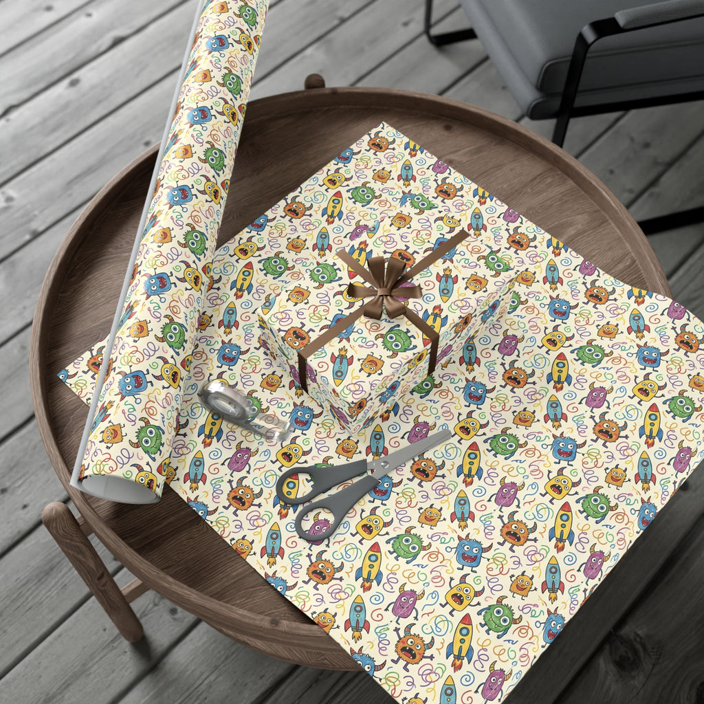 Cute Monster and Rocket Pattern Gift Wrap Paper | Kids Birthday Wrapping Paper