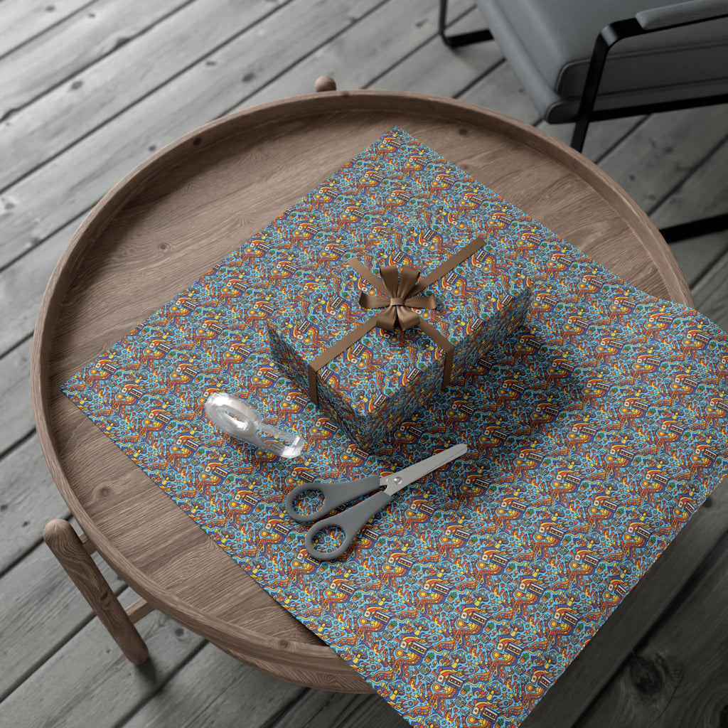 Abstract Vintage Cartoon Space Pattern Gift Wrap Papers | Blue Orange Floral Wrapping Paper