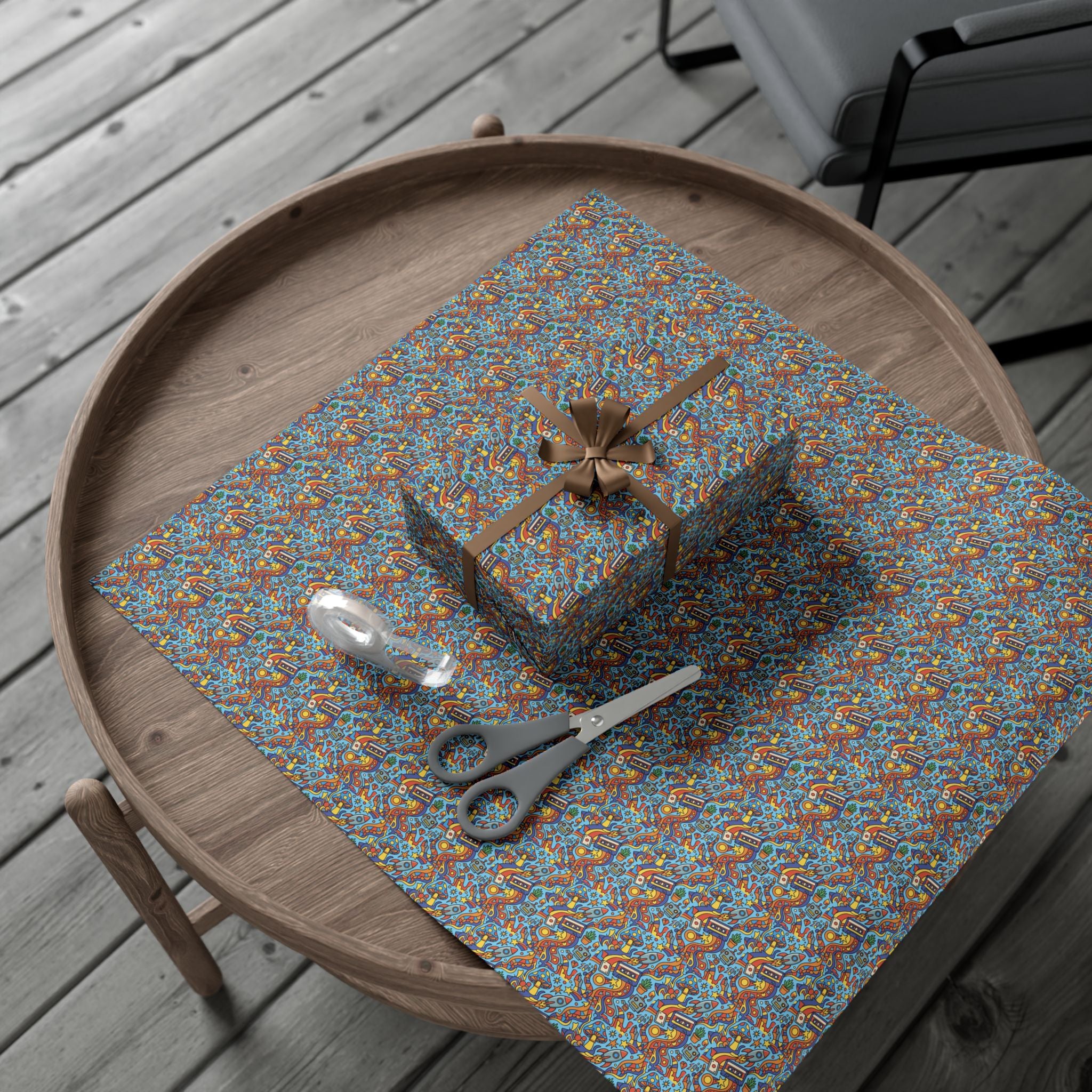 Abstract Vintage Cartoon Space Pattern Gift Wrap Papers | Blue Orange Floral Wrapping Paper