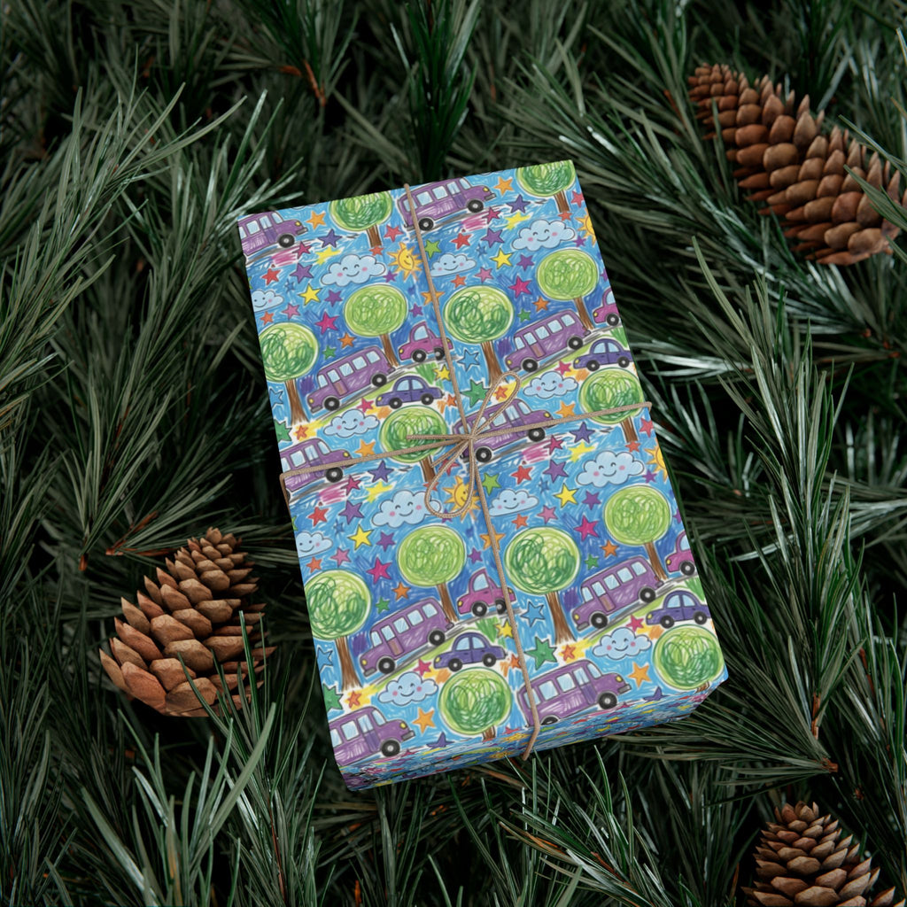 Whimsical Bus and Trees Pattern Gift Wrap Papers | Repeating Kids Wrapping Paper