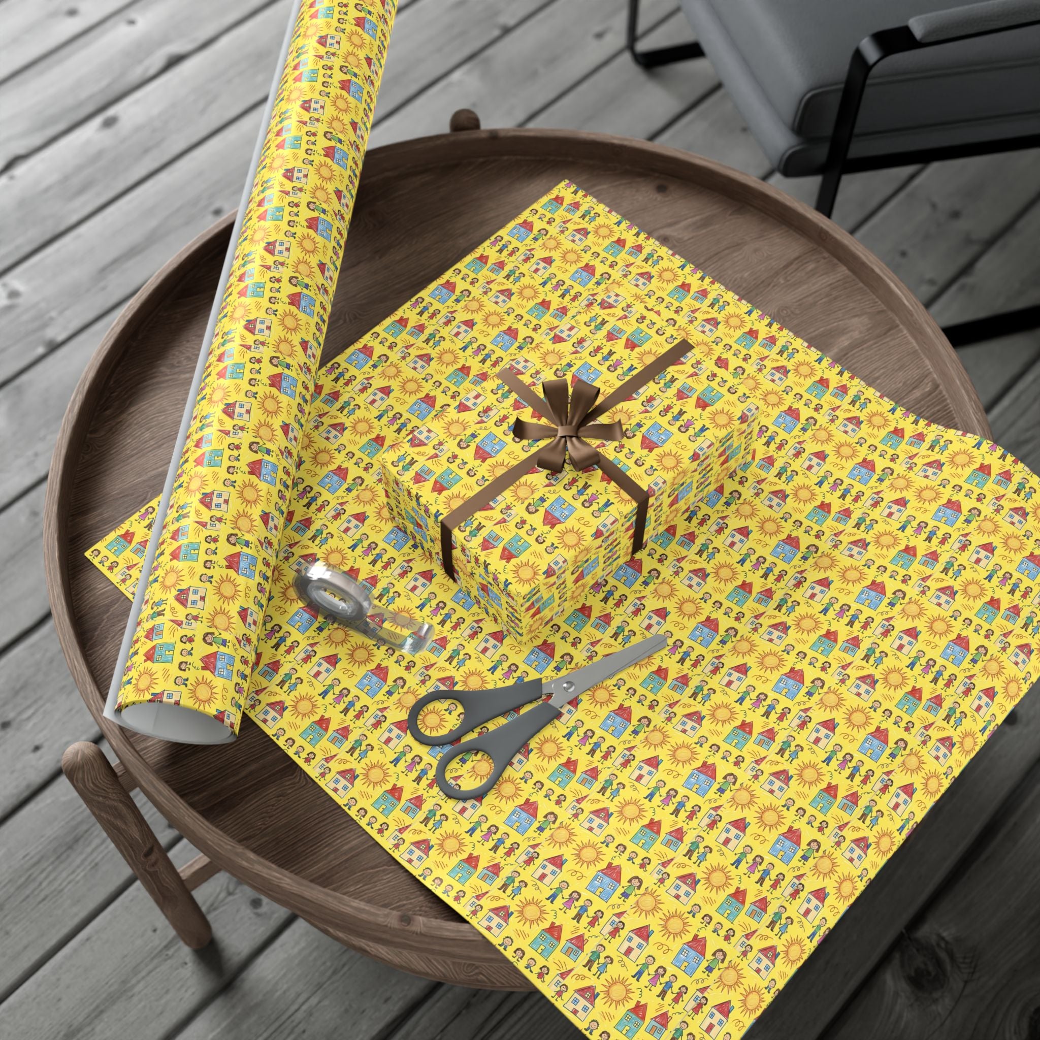 Sunflower Kids Art pattern Gift Wrap | Yellow House and People Wrapping Paper