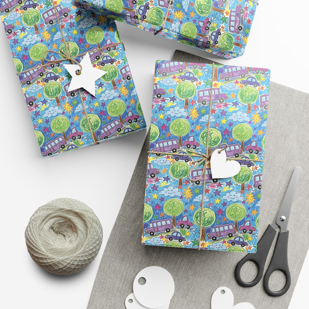 Whimsical Bus and Trees Pattern Gift Wrap Papers | Repeating Kids Wrapping Paper