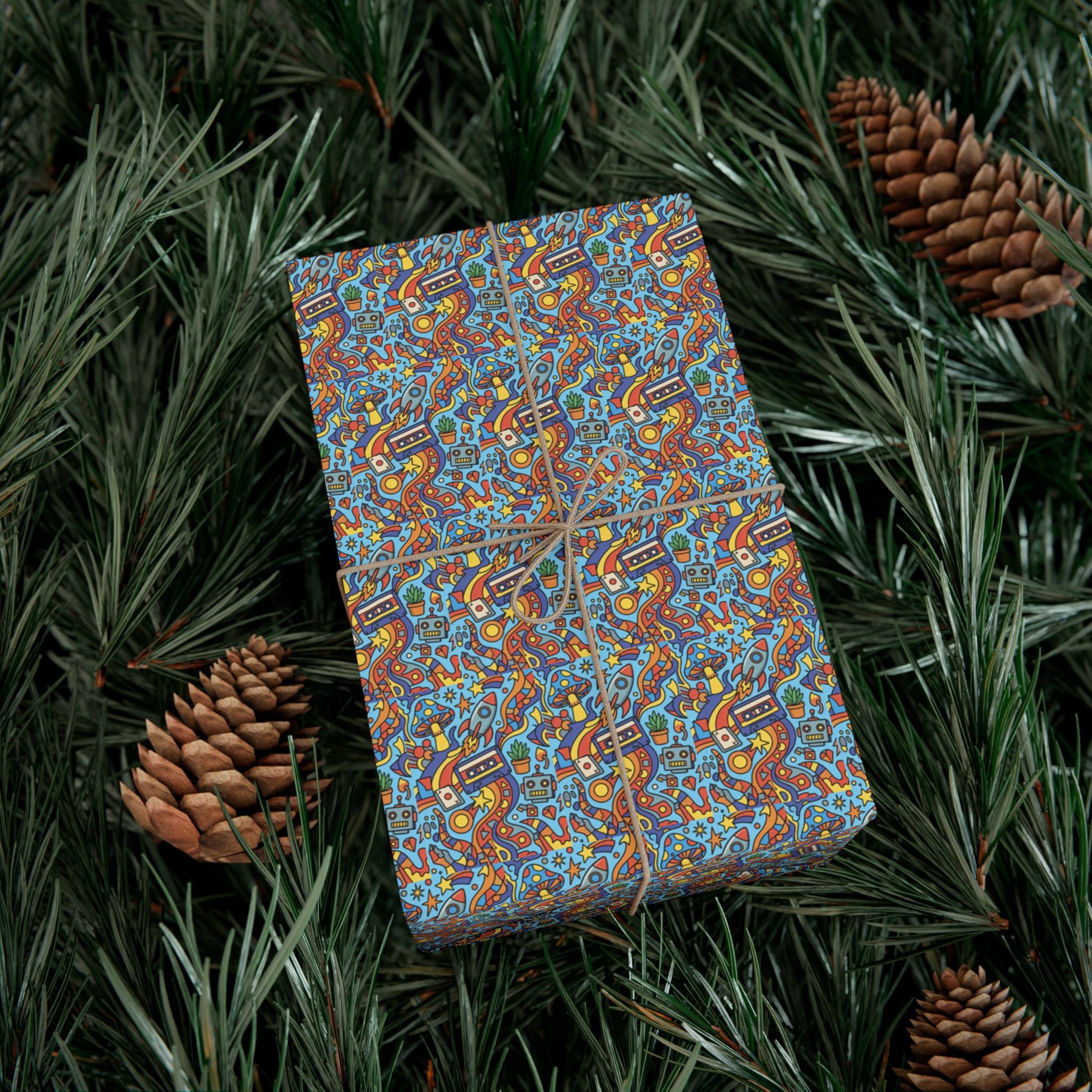 Abstract Vintage Cartoon Space Pattern Gift Wrap Papers | Blue Orange Floral Wrapping Paper