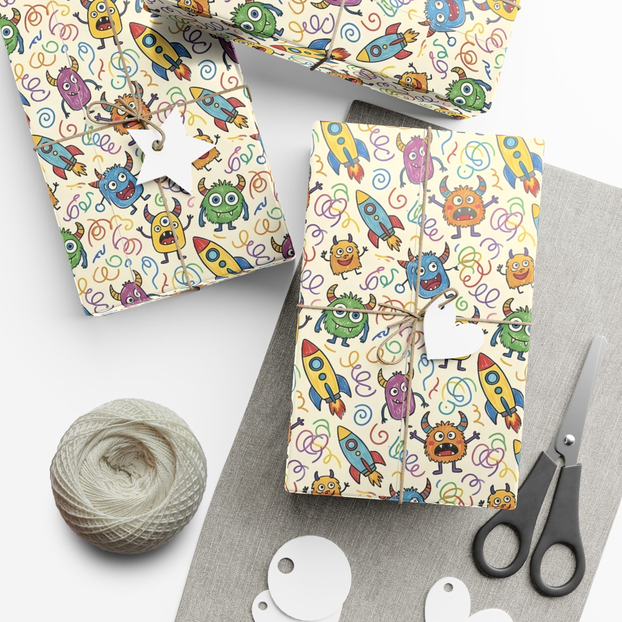 Cute Monster and Rocket Pattern Gift Wrap Paper | Kids Birthday Wrapping Paper