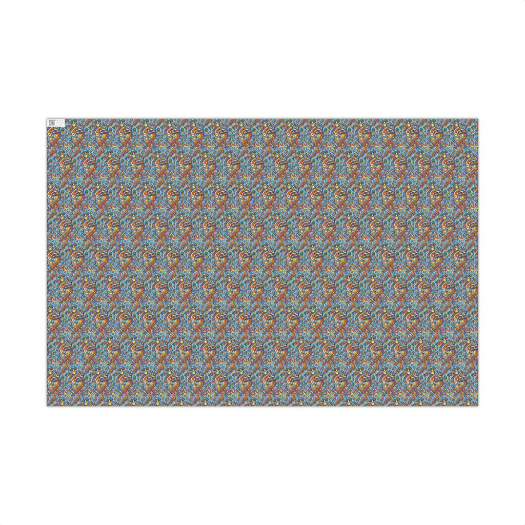 Abstract Vintage Cartoon Space Pattern Gift Wrap Papers | Blue Orange Floral Wrapping Paper