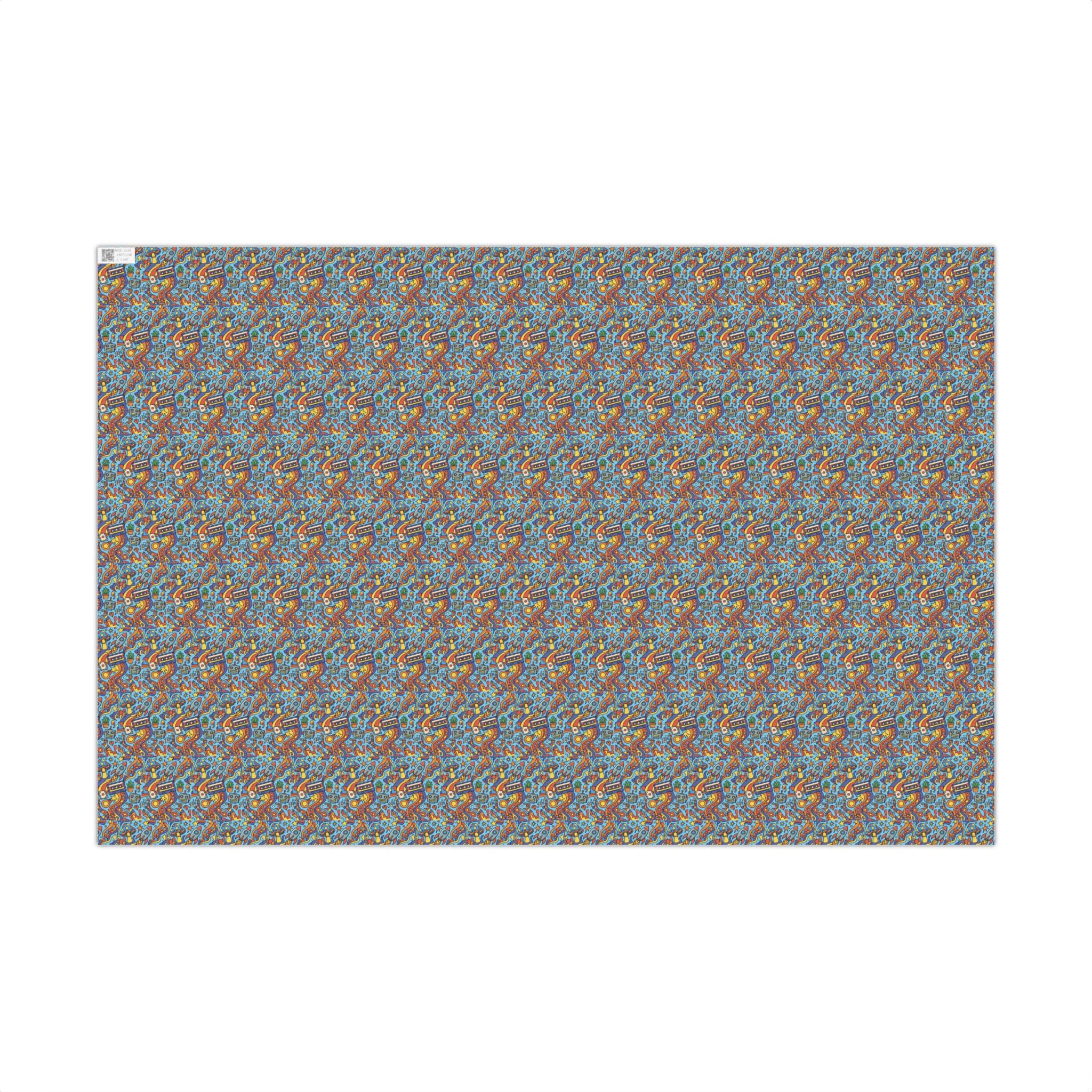 Abstract Vintage Cartoon Space Pattern Gift Wrap Papers | Blue Orange Floral Wrapping Paper
