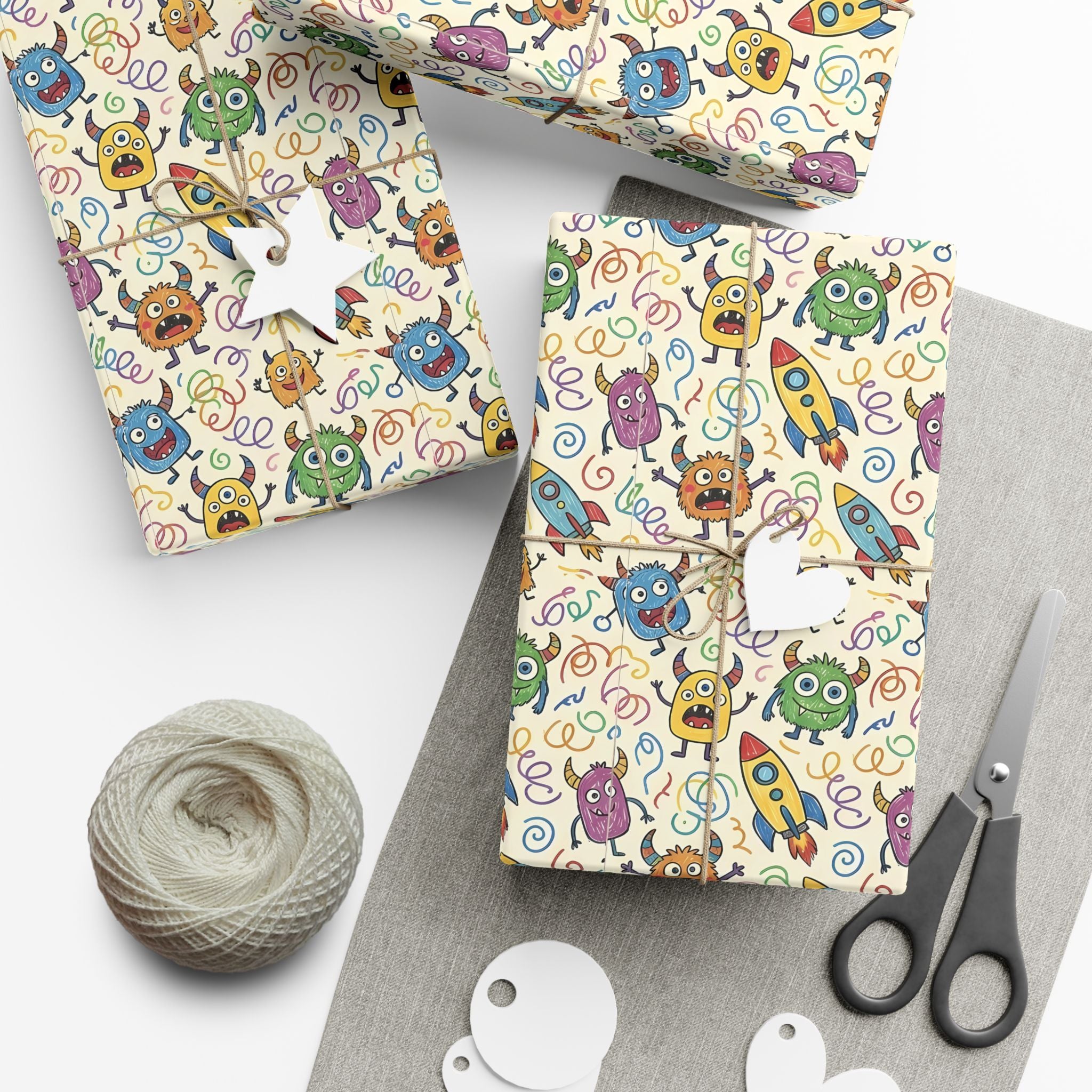 Cute Monster and Rocket Pattern Gift Wrap Paper | Kids Birthday Wrapping Paper