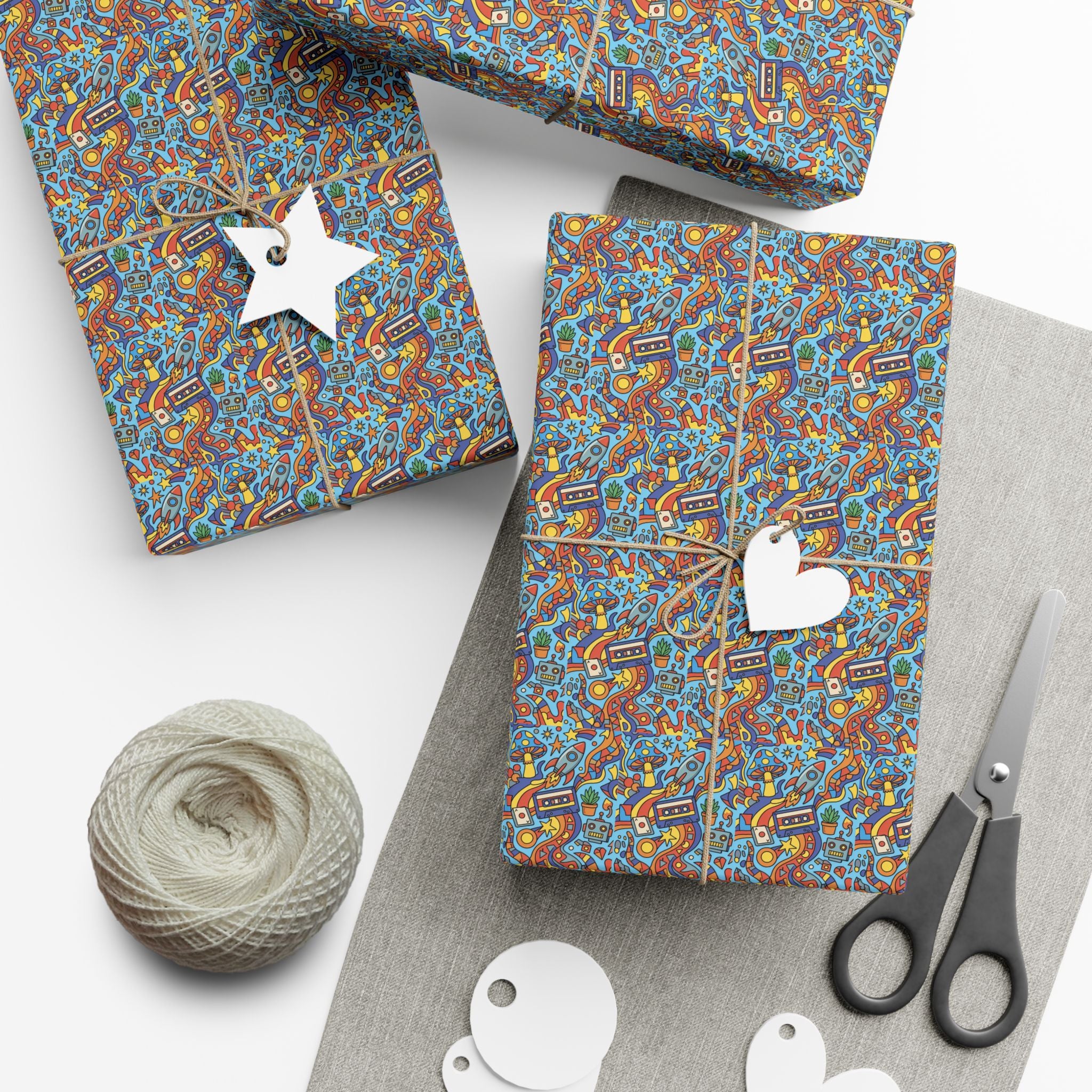 Abstract Vintage Cartoon Space Pattern Gift Wrap Papers | Blue Orange Floral Wrapping Paper