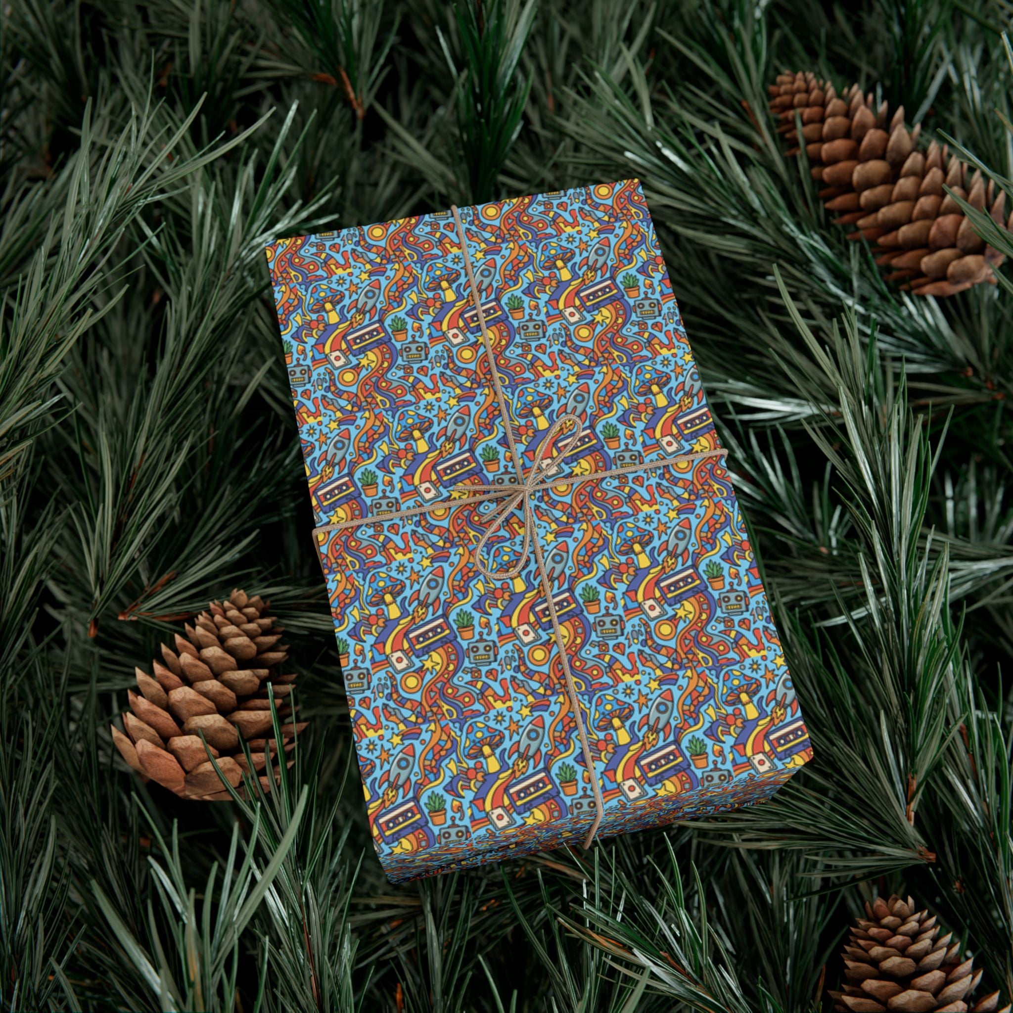 Abstract Vintage Cartoon Space Pattern Gift Wrap Papers | Blue Orange Floral Wrapping Paper