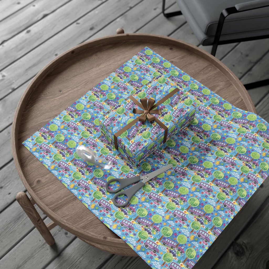 Whimsical Bus and Trees Pattern Gift Wrap Papers | Repeating Kids Wrapping Paper