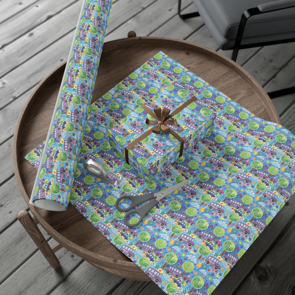 Whimsical Bus and Trees Pattern Gift Wrap Papers | Repeating Kids Wrapping Paper