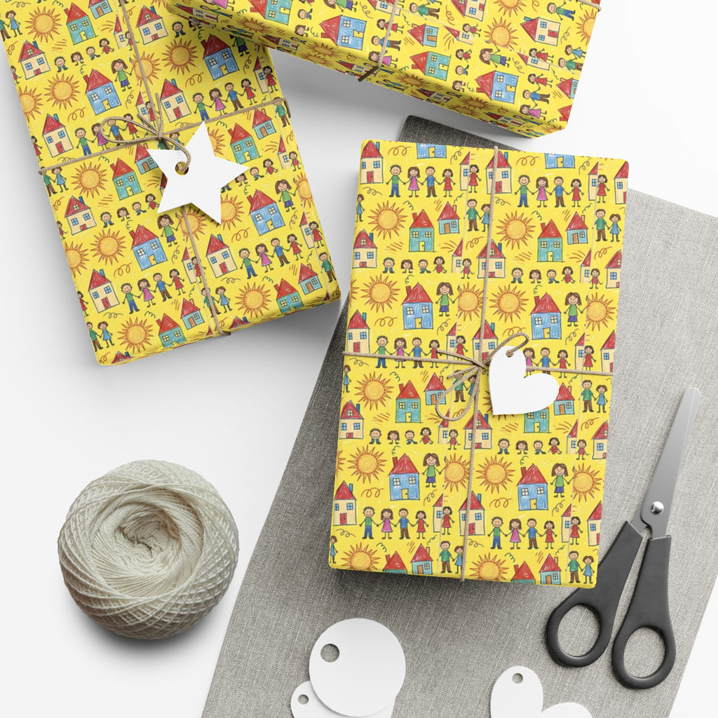 Sunflower Kids Art pattern Gift Wrap | Yellow House and People Wrapping Paper