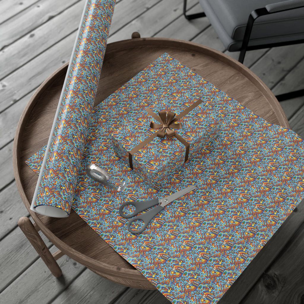 Abstract Vintage Cartoon Space Pattern Gift Wrap Papers | Blue Orange Floral Wrapping Paper