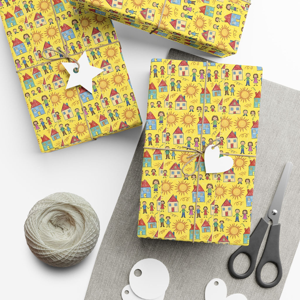 Sunflower Kids Art pattern Gift Wrap | Yellow House and People Wrapping Paper