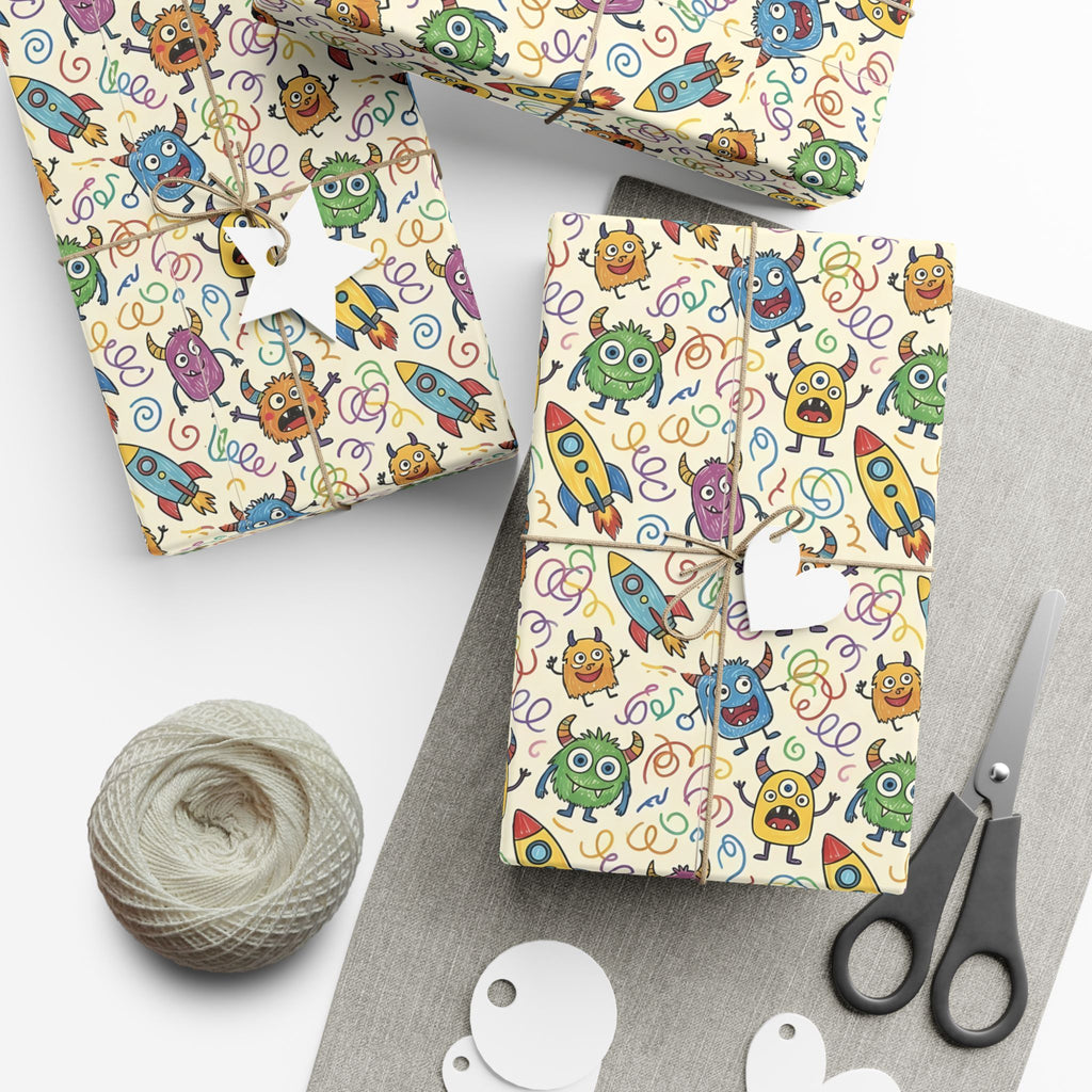 Cute Monster and Rocket Pattern Gift Wrap Paper | Kids Birthday Wrapping Paper