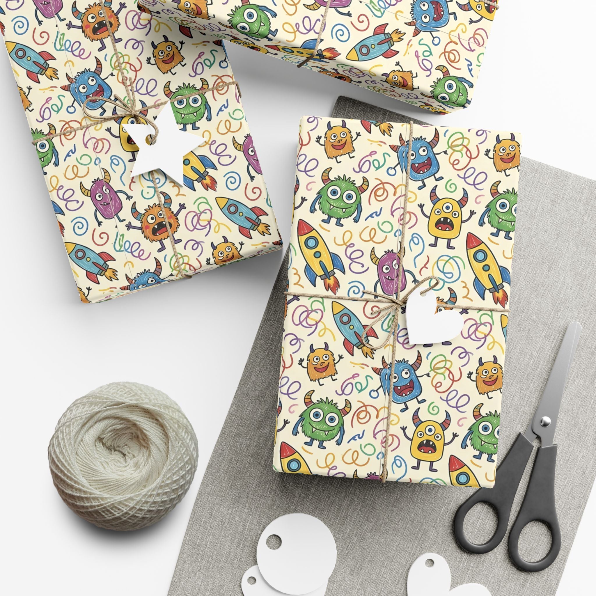 Cute Monster and Rocket Pattern Gift Wrap Paper | Kids Birthday Wrapping Paper