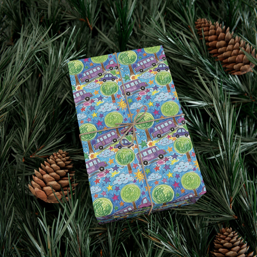 Whimsical Bus and Trees Pattern Gift Wrap Papers | Repeating Kids Wrapping Paper