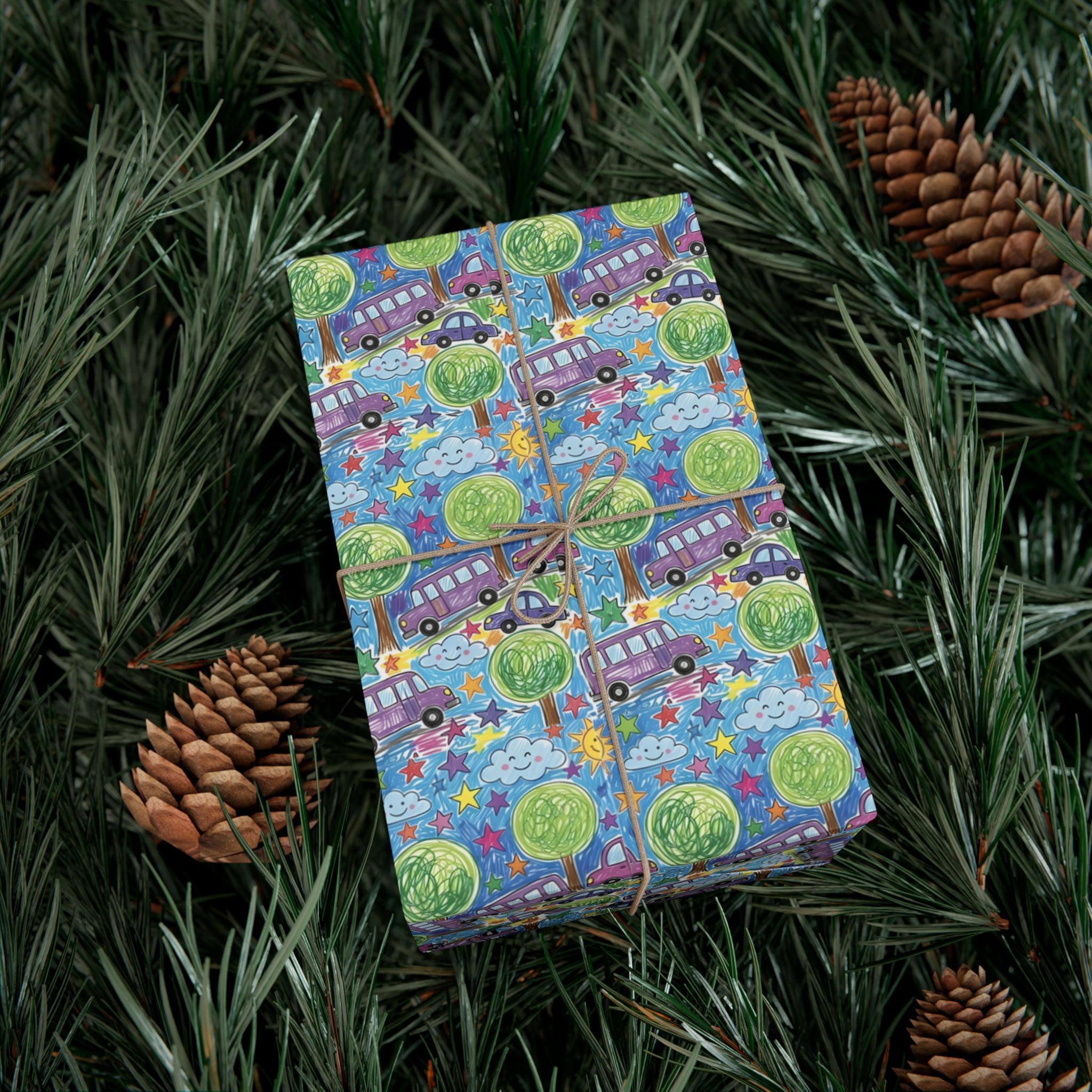 Whimsical Bus and Trees Pattern Gift Wrap Papers | Repeating Kids Wrapping Paper
