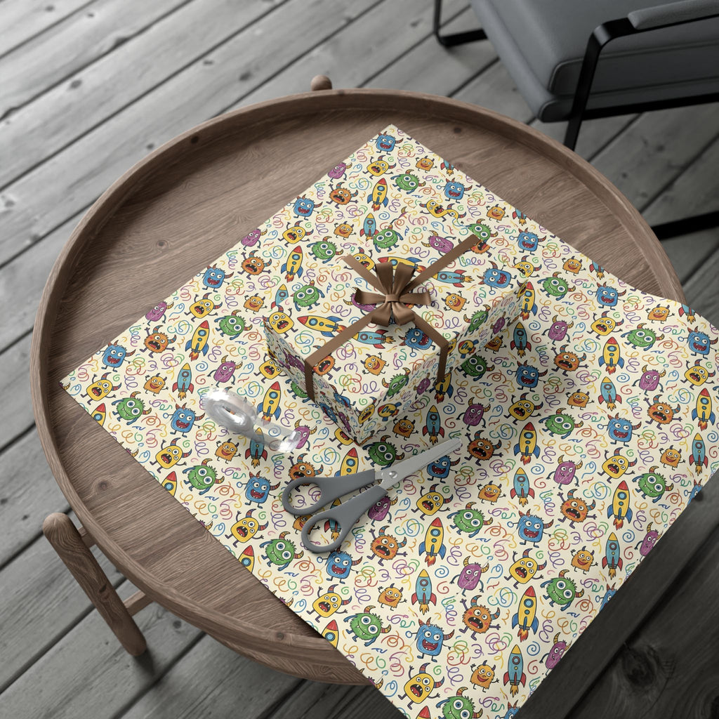 Cute Monster and Rocket Pattern Gift Wrap Paper | Kids Birthday Wrapping Paper