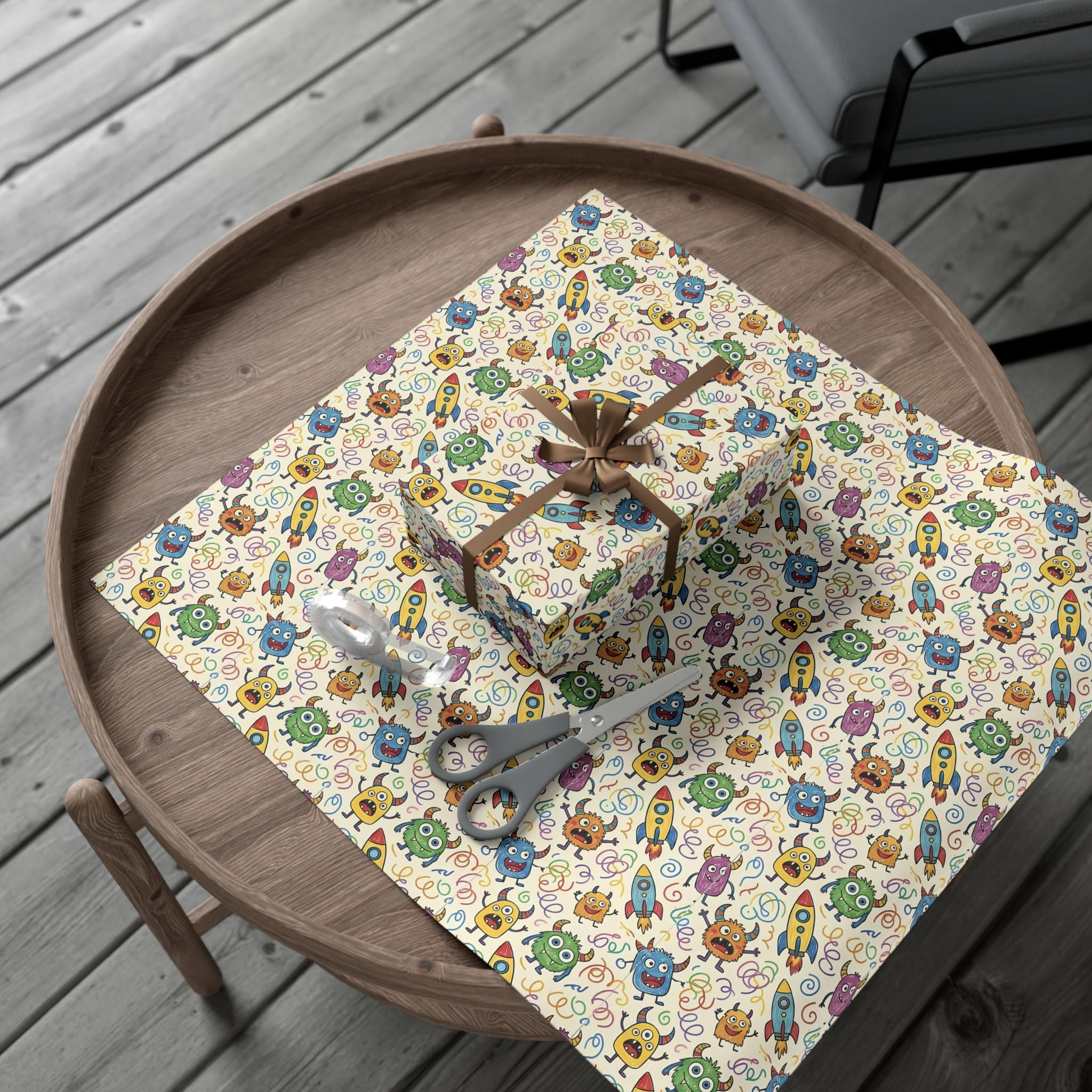 Cute Monster and Rocket Pattern Gift Wrap Paper | Kids Birthday Wrapping Paper